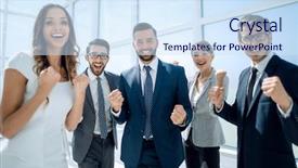  Presentation with team - Audience pleasing slide deck consisting of close up cheering business team backdrop and a sky blue colored foreground