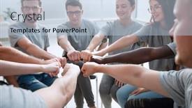  Presentation with team hands - Slide deck with close-up-confident-young-team background and a light blue colored foreground