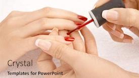 Presentation with nails - Colorful PPT theme enhanced with close up - drawing of a red varnish on the nails isolated backdrop and a coral colored foreground