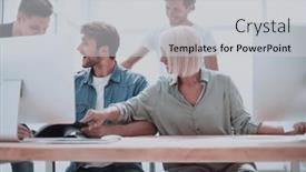  Presentation with information - Slide set featuring close-up-employees-analyze background and a light gray colored foreground