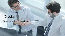  Presentation with shaking hands - Cool new presentation theme with close up employees shaking hands backdrop and a light blue colored foreground