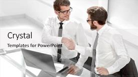  Presentation with shaking hands - Beautiful slides featuring close up employees shaking hands backdrop and a light gray colored foreground