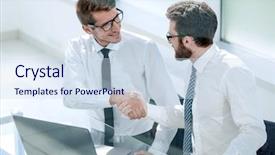  Presentation with shaking hands - Colorful presentation design enhanced with close up employees shaking hands backdrop and a sky blue colored foreground