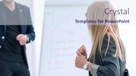  Presentation with meeting table - Theme consisting of close-up-employees-sitting background and a sky blue colored foreground