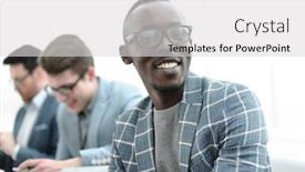  Presentation with company - Cool new slide set with close up employees of the company talk during a working break backdrop and a light gray colored foreground