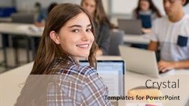  Presentation with university library - PPT theme having close-up-face-of-school background and a soft green colored foreground