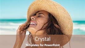  Presentation with shells beach summer holiday - Colorful slide deck enhanced with close-up-face-of-young backdrop and a tawny brown colored foreground