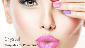  Presentation with emotions - Amazing slide set having close-up face of a beautiful woman with colored nails portrait of the fashion model with expressive emotions backdrop and a lemonade colored foreground