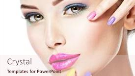  Presentation with multicolor - Presentation theme featuring close-up face of a beautiful woman with multicolor nails and fashion makeup background and a lemonade colored foreground