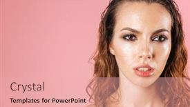  Presentation with makeup - Cool new presentation theme with close up fashion portrait of a stunning young woman wearing makeup dressed in bodysuit posing while standing isolated over pink background backdrop and a lemonade colored foreground