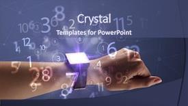  Presentation with people hold hand around globe - Cool new theme with close up female naked hand backdrop and a  colored foreground