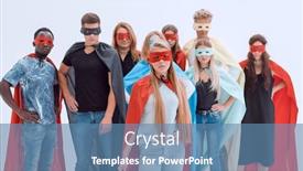  Presentation with super girl - Presentation design with close-up-girl-leader-standing background and a teal colored foreground