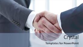  Presentation with partners - Slide set having close up handshake business partners background and a light blue colored foreground