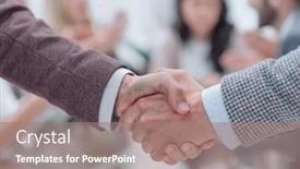  Presentation with negotiating - Presentation design having close up handshake business people over the negotiating table background and a coral colored foreground