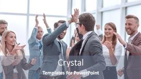  Presentation with shaking hands - Colorful presentation design enhanced with close-up-happy-business-colleagues backdrop and a gray colored foreground