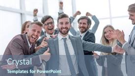  Presentation with team leader - Presentation theme consisting of close up happy business team hugging their leader background and a ocean colored foreground