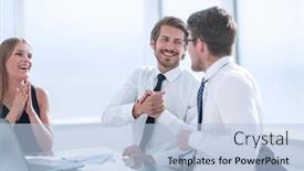  Presentation with employees - Presentation featuring close up happy employees showing their success background and a light blue colored foreground