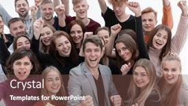  Presentation with people - Slide deck with close-up-happy-young-people background and a tawny brown colored foreground