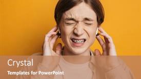  Presentation with yellow music - Presentation enhanced with close up image of displeased handsome man in shirt listening music by earphones with closed eyes over yellow background background and a coral colored foreground