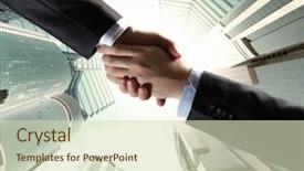  Presentation with shake hand - Audience pleasing PPT theme consisting of ham plate different kind of meat on wooden board backdrop and a coral colored foreground