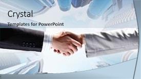  Presentation with shake hand - Slide set enhanced with backhoe loader digger work at building construction site outdoor background and a gray colored foreground