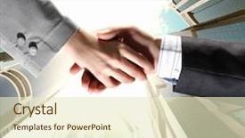  Presentation with hand shake - Colorful presentation enhanced with close up image of hand shake against skyscrapers backdrop and a soft green colored foreground