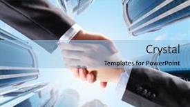  Presentation with hand shake - PPT theme enhanced with close up image of hand shake against skyscrapers background and a light blue colored foreground