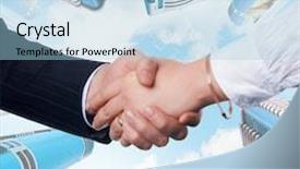 Presentation with shake hand - Beautiful theme featuring close up image of hand shake against skyscrapers backdrop and a light blue colored foreground