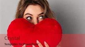  Presentation with mystery - Presentation theme having close up image of mystery woman in t-shirt hiding behind joy heart and looking away over grey background background and a crimson colored foreground