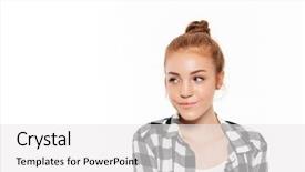  Presentation with mystery - Amazing slides having close up image of mystery ginger woman in shirt looking away over white background backdrop and a white colored foreground