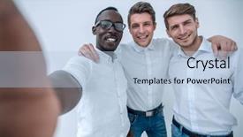  Presentation with international business - Slide deck featuring close up international business team background and a light blue colored foreground