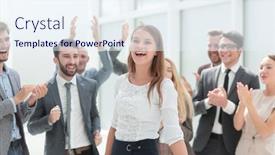  Presentation with victory team - Presentation with close-up-jubilant-business-team background and a sky blue colored foreground