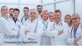  Presentation with group - Beautiful presentation design featuring close-up-large-group backdrop and a light blue colored foreground