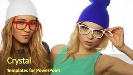  Presentation with lifestyle - Presentation design with close up lifestyle portrait of two pretty teen girlfriends smiling and having fun wearing hipster clothes hats and glasses positive mood background and a tawny brown colored foreground