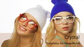  Presentation with lifestyle - PPT theme enhanced with close up lifestyle portrait of two pretty teen girlfriends smiling and having fun wearing hipster clothes hats and glasses positive mood background and a gold colored foreground