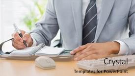  Presentation with diary - Slide set consisting of close-up mid section of a businessman writing in diary at office desk background and a coral colored foreground