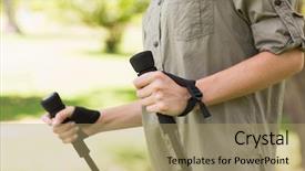  Presentation with walking nordic - Beautiful presentation design featuring close-up mid section of a beautiful young woman nordic walking in the park backdrop and a coral colored foreground