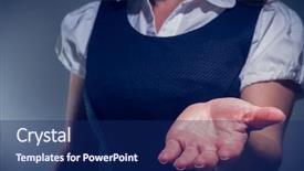  Presentation with product - Beautiful slide set featuring close up mid section of businesswoman presenting your product with hand backdrop and a navy blue colored foreground