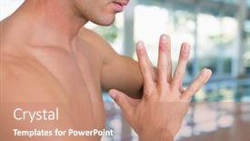  Presentation with swimmer - Amazing presentation having close up mid section of a shirtless fit swimmer by the pool at leisure center backdrop and a coral colored foreground