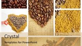  Presentation with beans - PPT theme enhanced with close up of a basket full of dark coffee beans against coffee and mug background and a yellow colored foreground