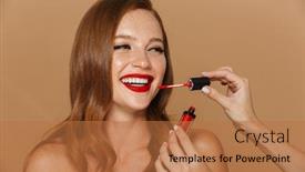  Presentation with makeup - Slides consisting of close up of a beautiful young topless woman wearing makeup and jewelry accessories posing isolated over beige background getting a makeup background and a coral colored foreground