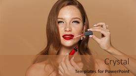  Presentation with jewelry - PPT theme having close up of a beautiful young topless woman wearing makeup and jewelry accessories posing isolated over beige background getting a makeup background and a red colored foreground