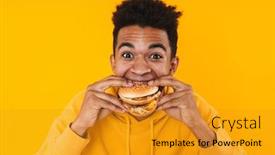  Presentation with burger - PPT theme having close-up-of-a-cheerful background and a gold colored foreground