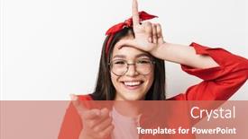 Presentation with teenage girl - Presentation design consisting of close up of a cute teenage girl wearing casual outfit standing isolated over white background showing looser gesture background and a coral colored foreground