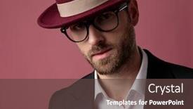  Presentation with forward - Amazing PPT layouts having close up of a determined elegant man looking forward while wearing tuxedo a red hat and glasses standing on pink studio background backdrop and a tawny brown colored foreground