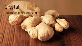  Presentation with root - Audience pleasing PPT theme consisting of close-up of a ginger root on a table backdrop and a coral colored foreground