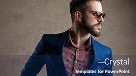  Presentation with navy - Presentation theme with close up of a good looking formal business man wearing a navy suit and sunglasses standing and looking to a side pensive against gray studio background background and a navy blue colored foreground