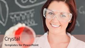  Presentation with petri dish - PPT layouts consisting of close up of a gorgeous scientist looking at a petri dish in a classroom background and a coral colored foreground