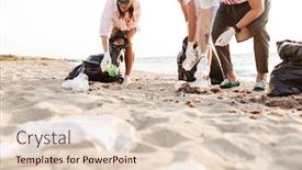  Presentation with cheerful - Slide set consisting of close up of a group of young cheerful friends volunteers cleaning beach from plastic background and a lemonade colored foreground
