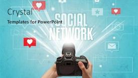  Presentation with social media network - Colorful slide deck enhanced with close-up-of-a-hand backdrop and a light blue colored foreground